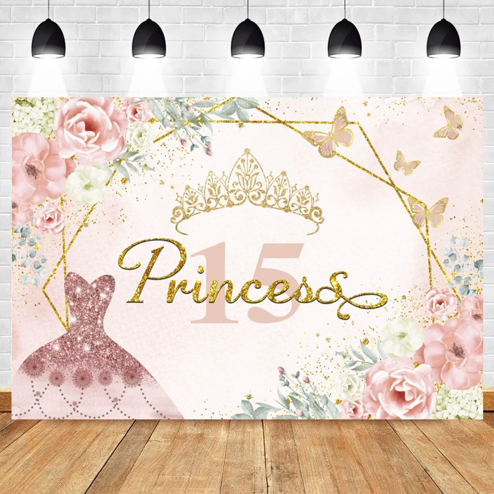 Quinceanera Sweet 15 16th Princess Backdrop for Photography Birthday Party Girl Glitter Crown Flowers Dress Photo Background·