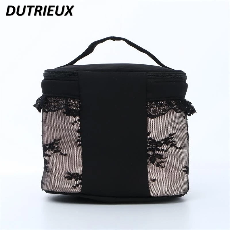 2024 New Make Up Case Sweet Cute Black Lace Portable Women\'s Cosmetic Bag Barrel Lace Pearl Decoration Medium Makeup Cases