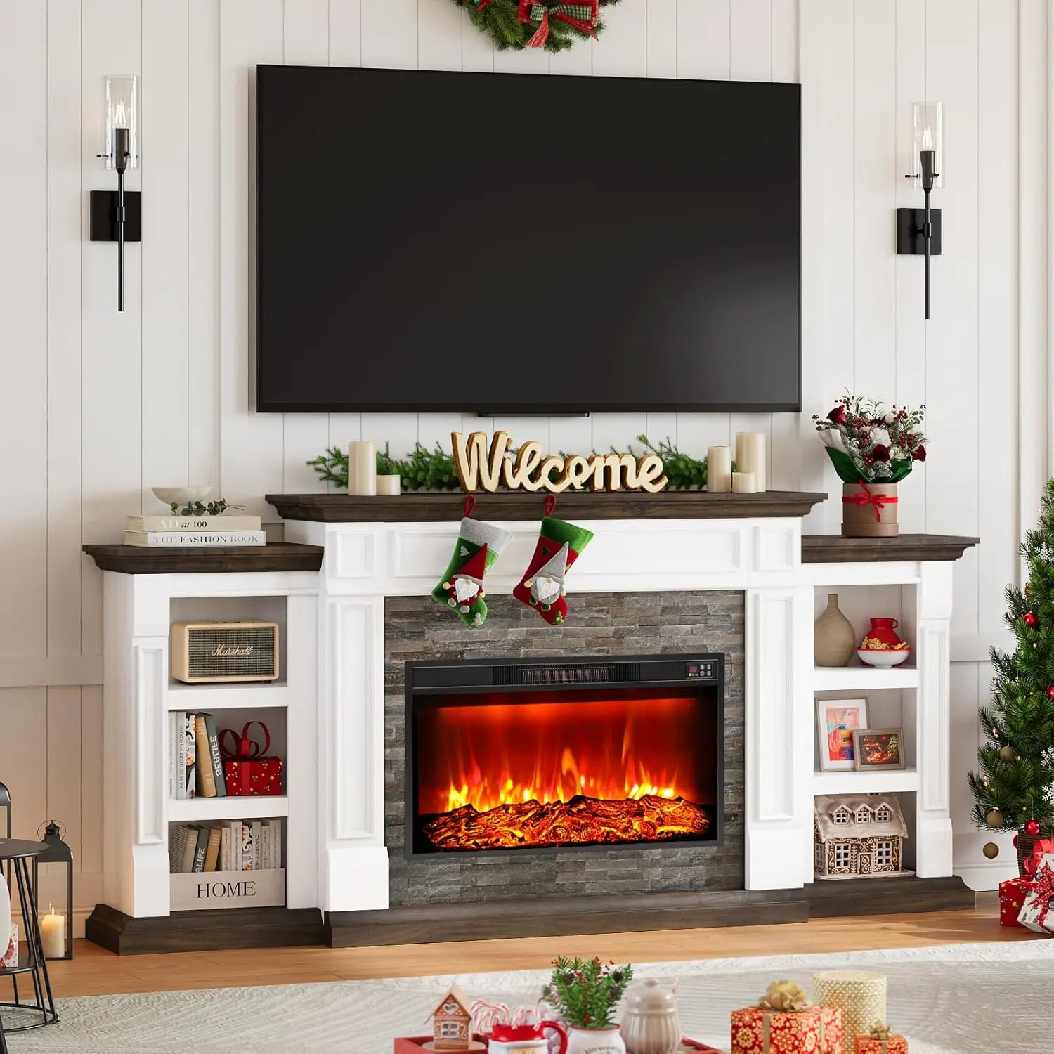 

80-дюймовый электрический камин с каминной каминной подставкой для телевизоров с диагональю до 90 дюймов, современный развлекательный центр, реалистичный, по индивидуальному заказу