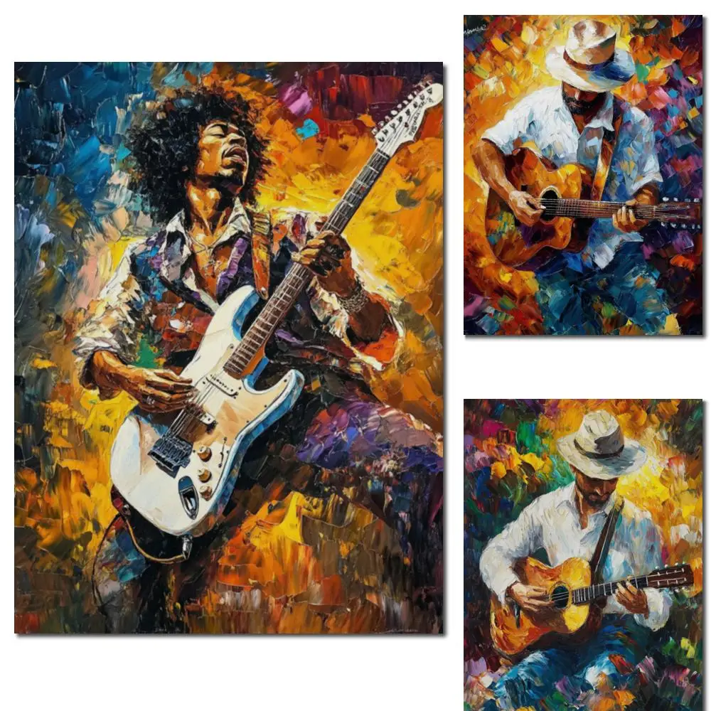 

Musical Canvas Art Hand Painted Oil Painting Jazz Playing Guitar Abstract Portrait Artwork Pub Bar Modern Decor Large Colorful