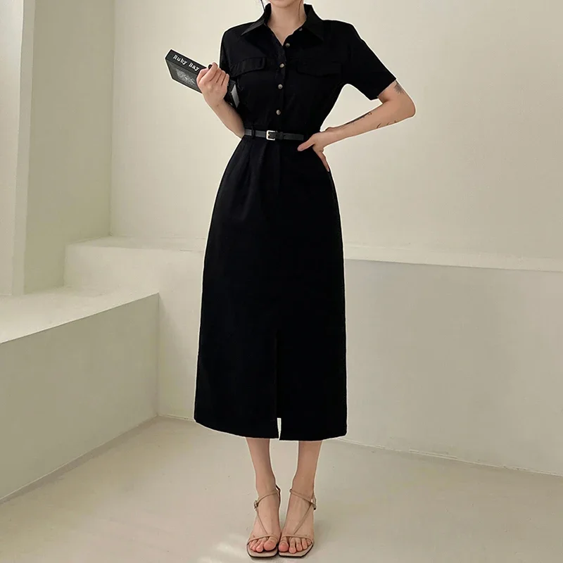 Vintage Temperament Shirt Dress Female 2024 Summer Lapel Fashion Bodycon Split Vestidos Safari Style Waist Slim Dress with Belt