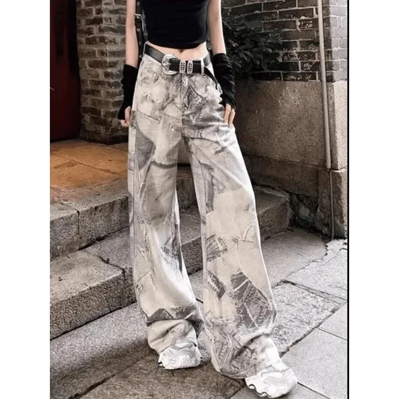 Women's High Waist Straight Jeans, American Vintage Printing,Casual Y2K Wide Leg Pants, Baggy Grunge, Washed Denim Trouser, 2000