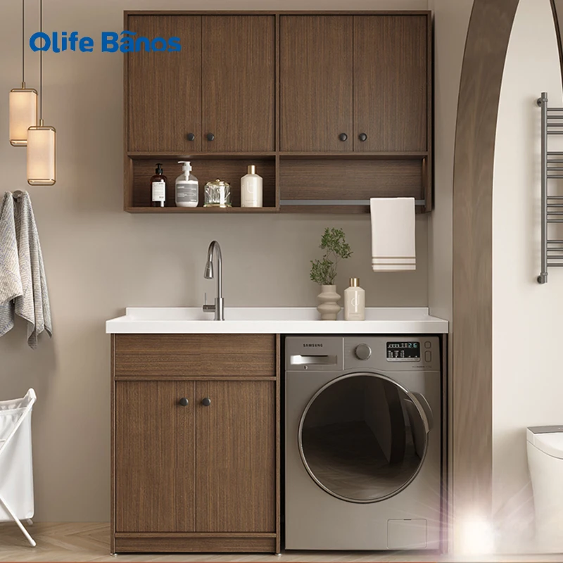 Washing Machine CabinetEco Friendly Custom Solid Wood Bathroom Vanity For Hotel Apartment Project Modern Washroom Storage Bathro
