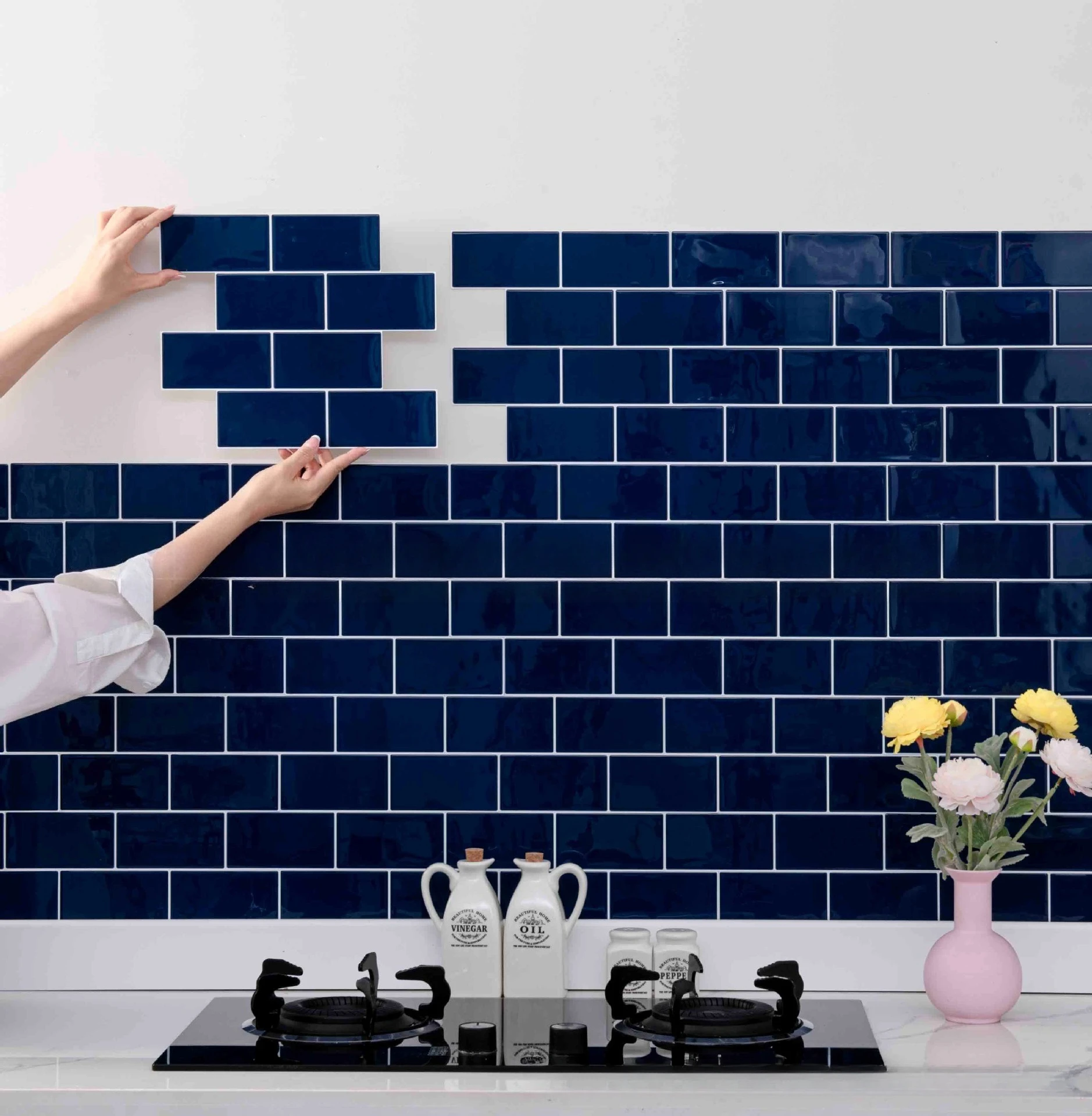 Extra Thick 3D Tile Stickers 27x32CM 5PCS - Self-Adhesive Moisture/Oil Proof Backsplash for Kitchen Cabinets, Removable DIY Wall
