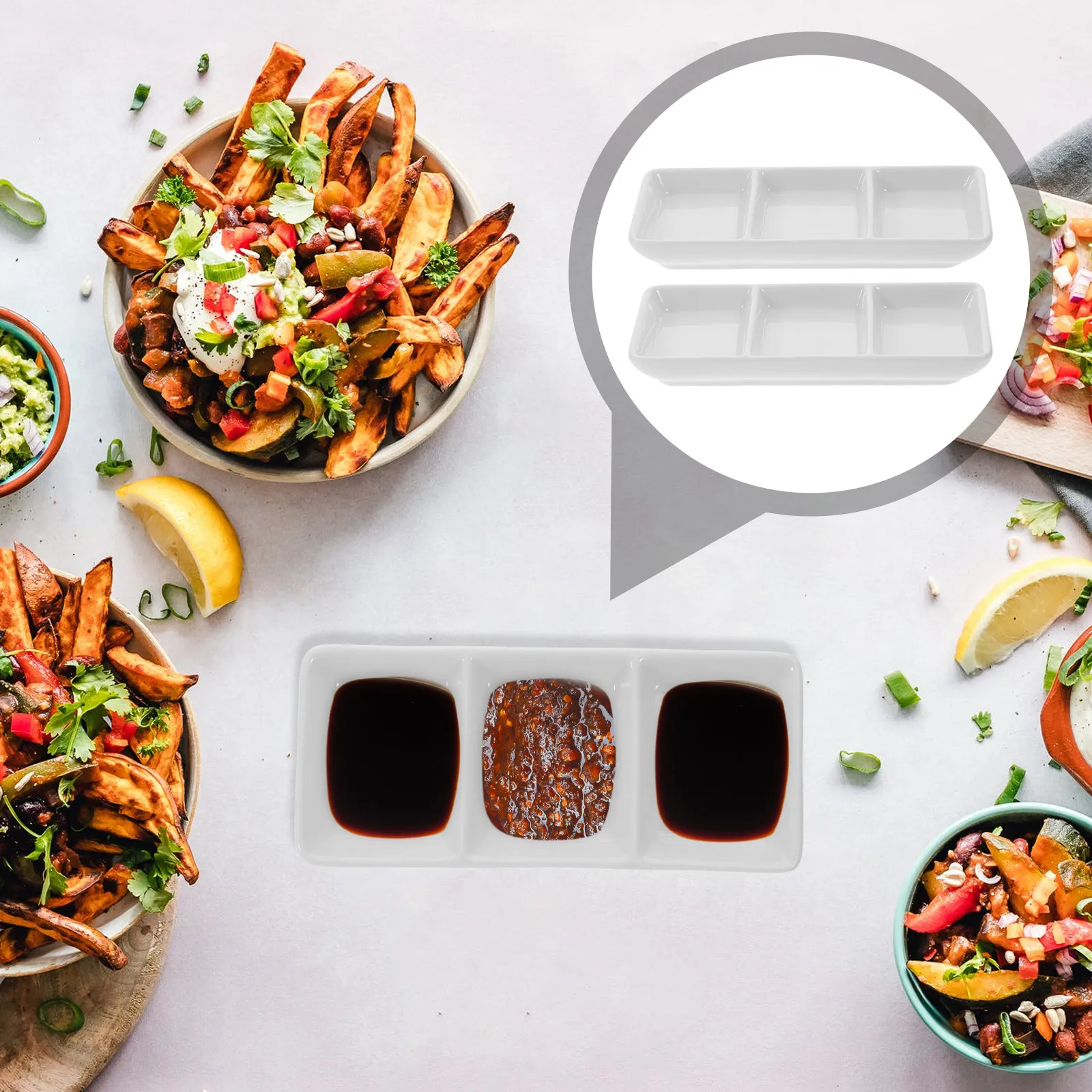 

5Pcs Ceramic Sauce Dish Set 3-Grid Dipping Dish for Soy Sauce Mustard Vinegar Wasabi Chili Oil Snack Serving Home Restaurant
