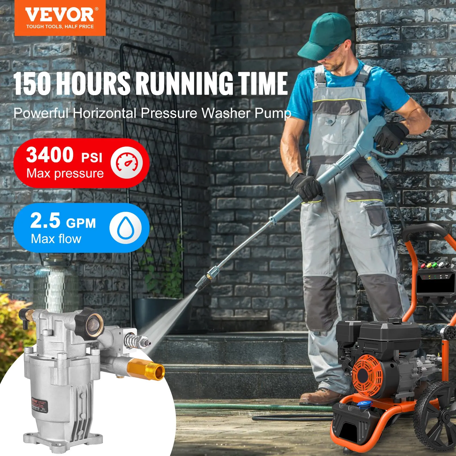 

Pressure Washer Pump, 3/4" Shaft Horizontal, 3400 PSI, 2.5 GPM, Replacement Power Washer Pumps Kit, Parts Washer Pump,