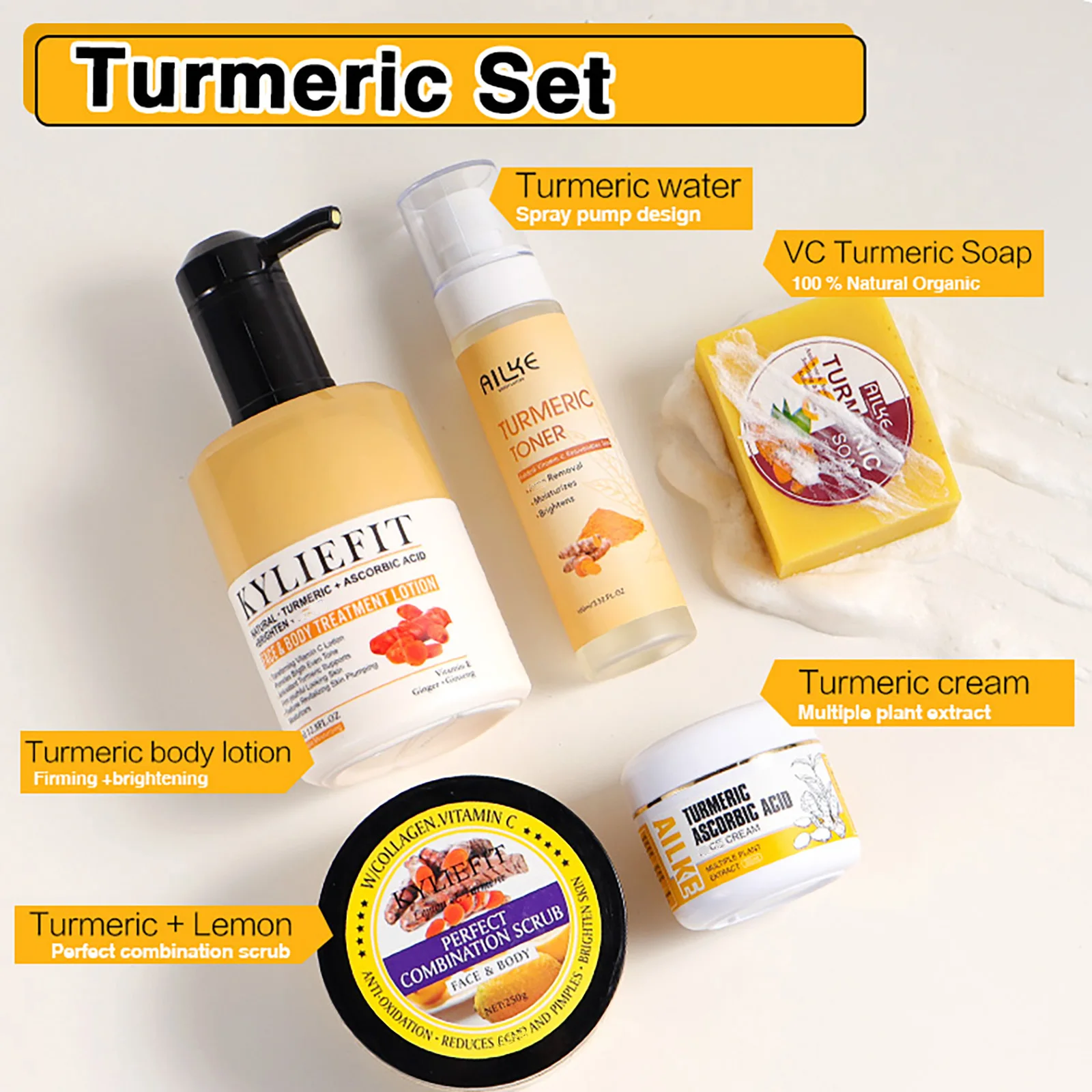 

AILKE Turmeric Vitamin C Face & Body Set, Lighten, Deep Pore Cleansing, Reduce Dark Spots, for all skin type, private label