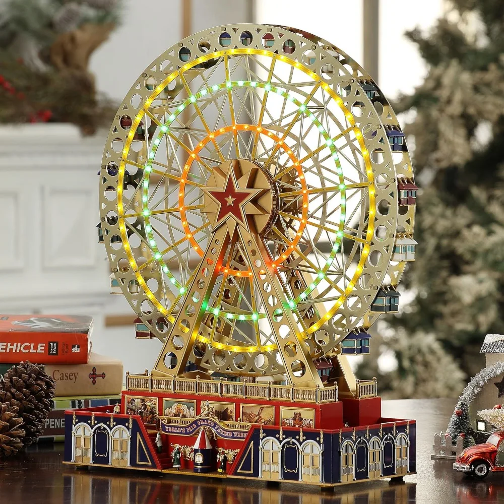 Mr. Christmas World's Fair Grand Ferris Wheel Musical Animated Indoor Christmas Decoration 15 Inch Luxury Home Decor Items Gold