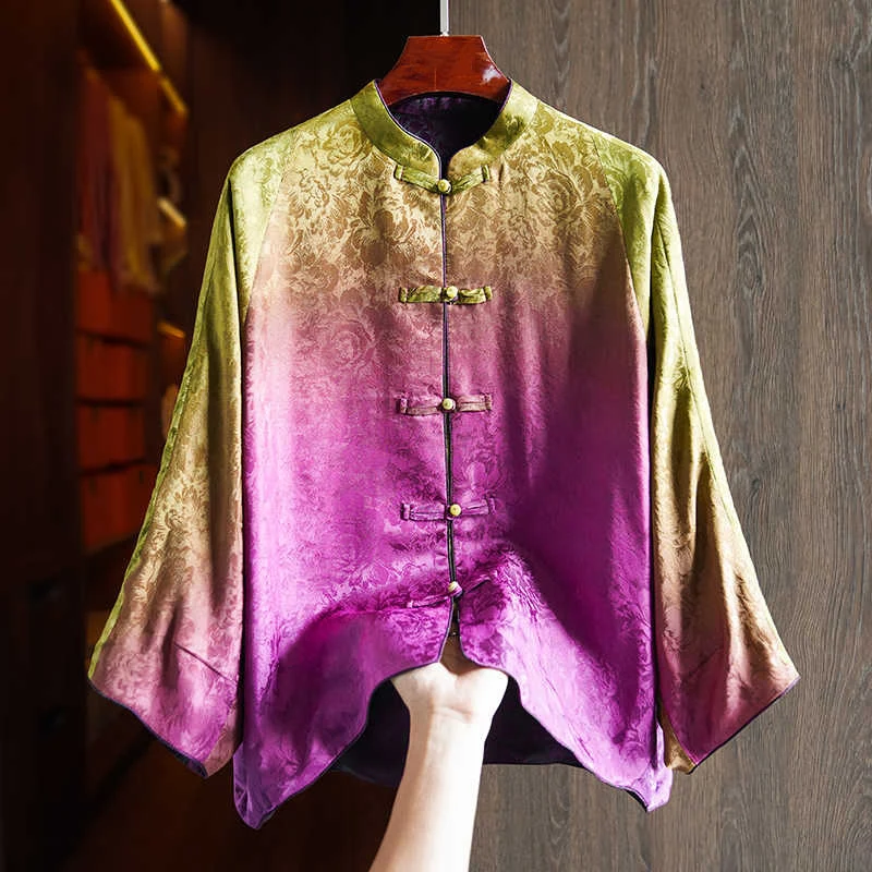 Purple High-End New Chinese Style Stand Collar Silk Shirt Women's Retro Jacquard + Gradient Loose Single Breasted Top M-XXL