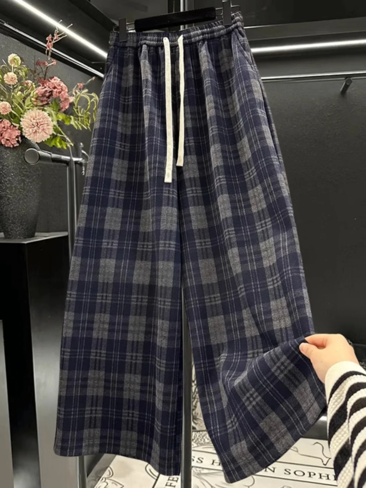 

Мужские и женские брюки в клетку больших размеров, широкие брюки с завязками на резинке, с высокой талией, свободные прямые повседневные брюки, осень-весна