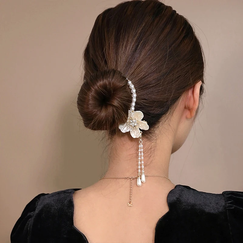 Camellia Tassel Hair Clip Pearl Ponytail Clip Fixed Hair Claw Women Bun Barrettes Hairpins Hair Accessories Headwear