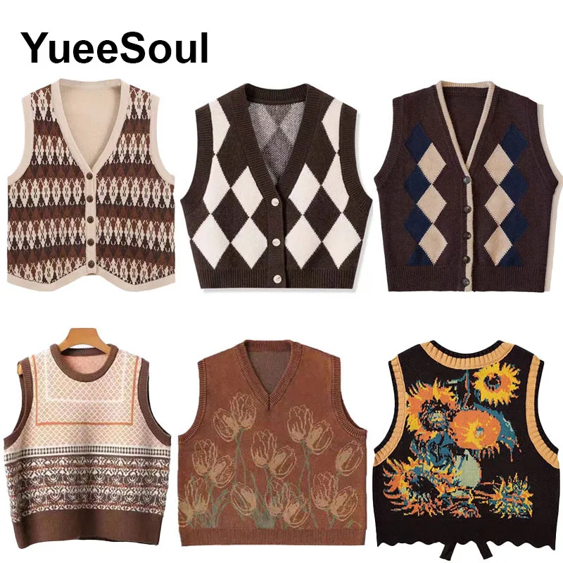 Japan Style Vintage Brown Women Knit Vest V Neck Sleeveless Loose Oversized Sweater Vest 2023 New Autumn Y2K Waistcoat Outerwear