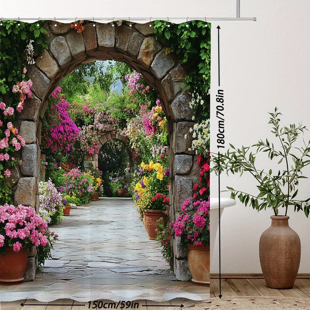 

Garden View Shower Curtain Waterproof Fabric Bathroom Curtains Stone Arch Flower Bath Screen Divider Home Decor With Hooks