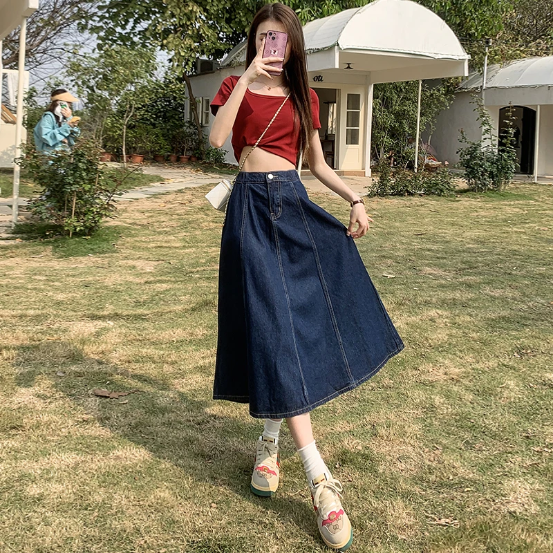 Korean Summer Above Knee Slim Fit Skirt with Straight Lines Denim skirt Long skirts Slit skirt Denim midi skirt High waist