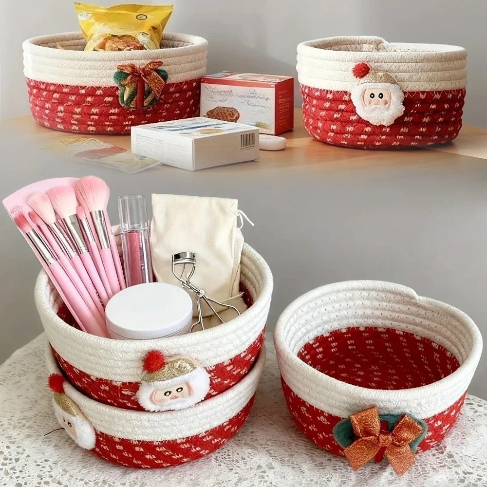 

1PC Christmas Woven Basket Shelf Desk Storage Organizer Cotton Rope Braided Basket for Car Keys Dog Toys Makeups Christmas Decor
