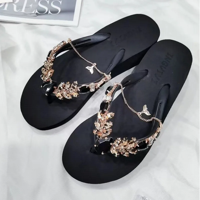 Summer Women Flip Flops Beach Vacation Luxury Slippers Rhinestone Sides Sandals Flat With Soft Casual Shoes For Female