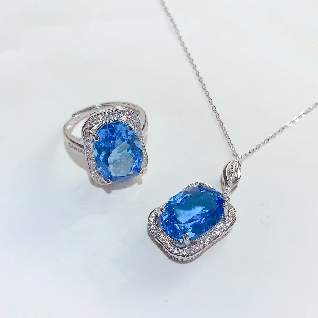 Swiss Blue Topaz Jewelry Set Sophisticated, 925 Sterling Silver Ring Necklace Gemstone