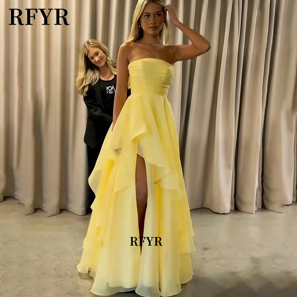 

RFYR Yellow Prom Dress Strapless Evening Dress High Slit Party Dress Lace Up Back Celebrity Dress for Arabic Women Customized