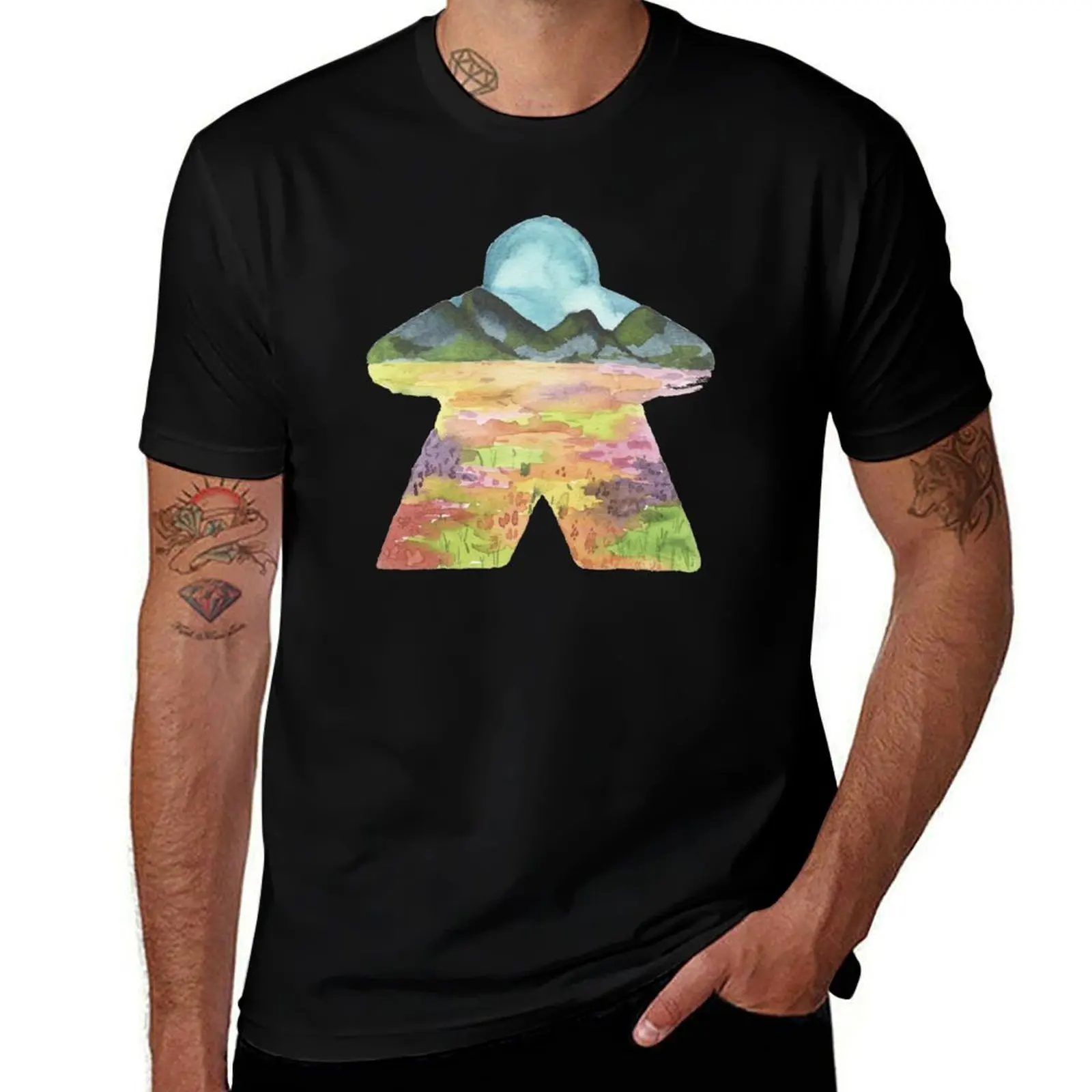 

Watercolor Meeple Mountain Landscape Game Room Décor T-Shirt men t shirt cotton 100% t shirts for man pack cotton T-Shirt