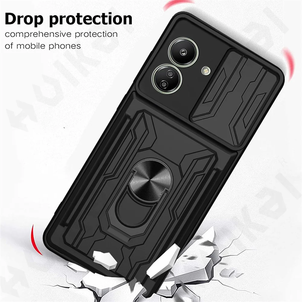 Case For Xiaomi 13T 12T 11T Pro Redmi 13C Note 13 12 11S Poco X5 Pro Card Holder Slide Camera Ring Stand Armor Kickstand Cover