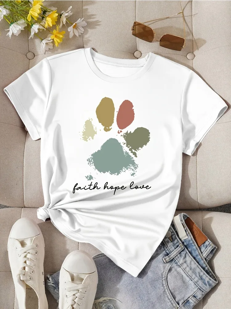 

Soft and Breathable Women's Casual Short-Sleeve T-Shirt Dog Paw Prints with Faith Hope and Love Patterns Y2K Short-Sleeve