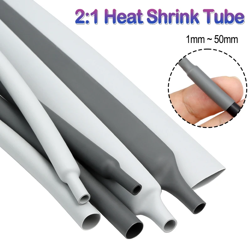 1-10m Grey 2:1 Heat Shrink Tube Diameter 1mm~50mm Wire Cable Repair Wrap Sleeving DIY Polyolefin Waterproof Insulation Tubing