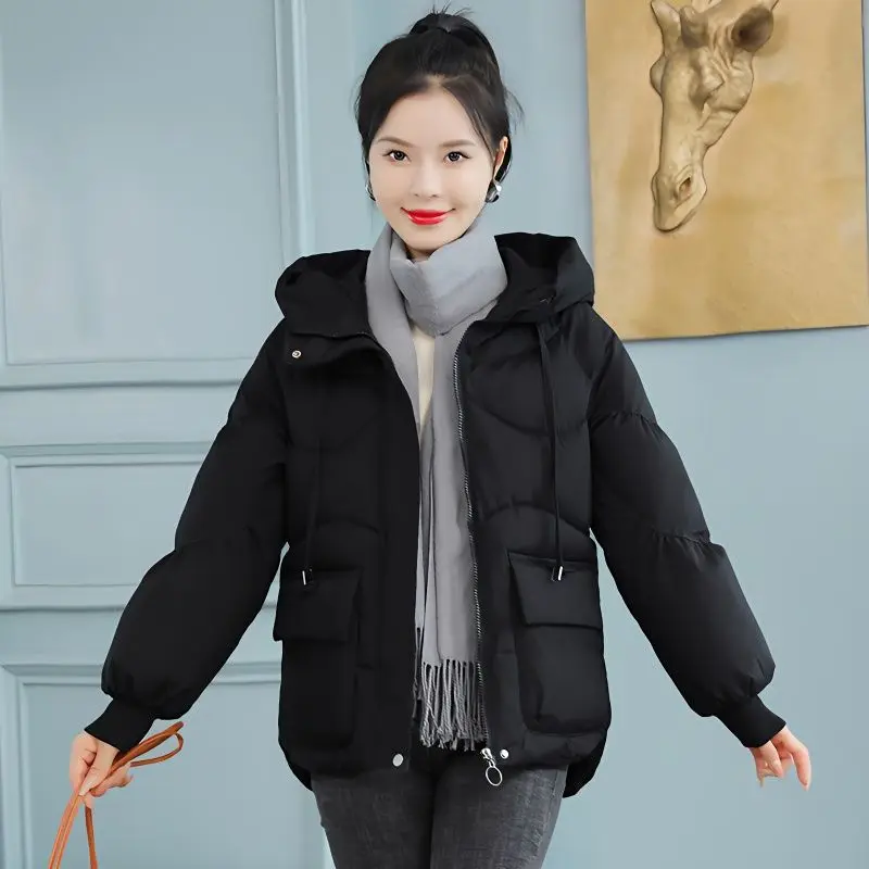 

2023 Winter Short Loose Women Cotton Coat Hooded Casual Zippers Female Cotton Parkas Fashion Solid Wave Korean Cotton Jacket