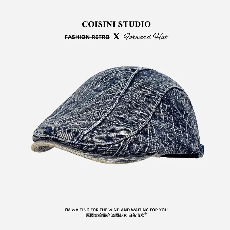 

Американские джинсовые береты в стиле ретро для мужчин и женщин, весенне-осенние дорожные повседневные универсальные шапки для показа лица, маленькие литературные шапки художника
