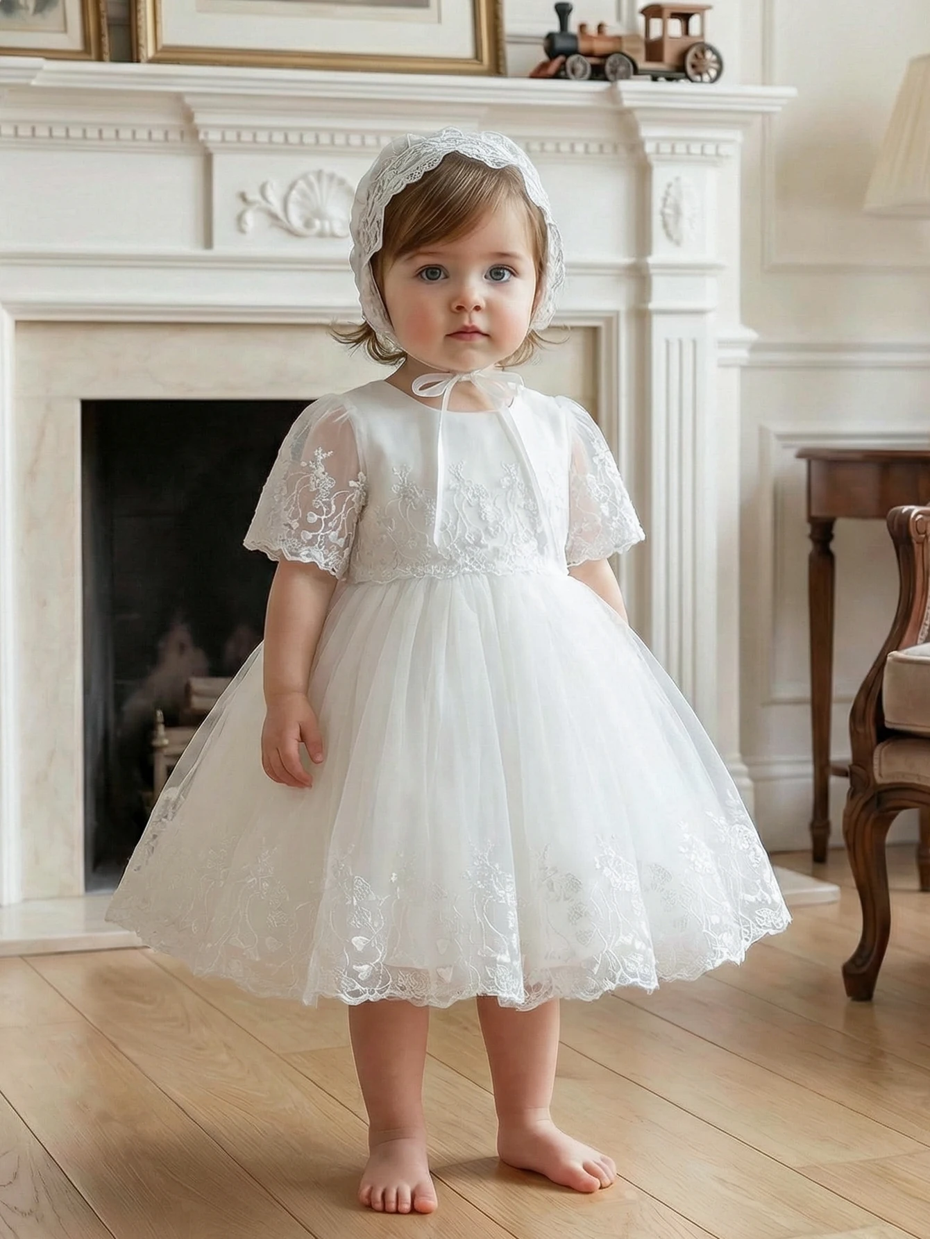 Baby Girl Dress, White Baptism Dress, Lace Baby Dress, Fluffy Chiffon Skirt for 0-2 Year Old Infants, Weddings, Parties, Vacatio 5