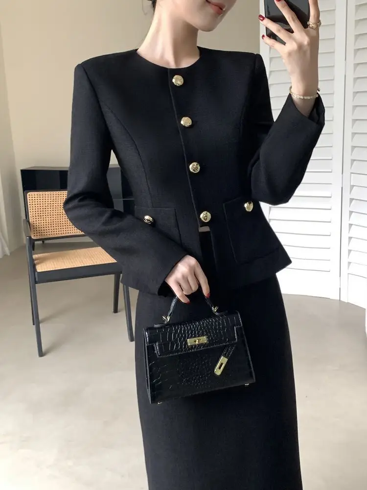French Flair Chic Fashion Set for Women 2026 Autumn New Arrival Round-Neck Long Sleeve Blazer Skirt Two-Piece Set Black