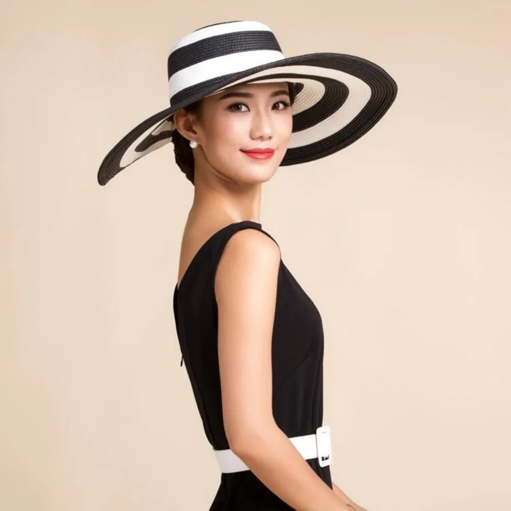 Fashion Stripe Straw Hat Foldable Sun Protection Sun Shade Hat Wide Brim Travel Cap Beach