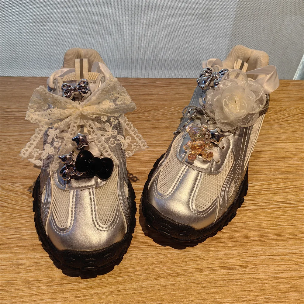 Shoe Charm Accessories Fashion Lace pearl bow Shoe laces Charms for Sneakers Decorative Shoe Flower Buckle Key Chain Accessories