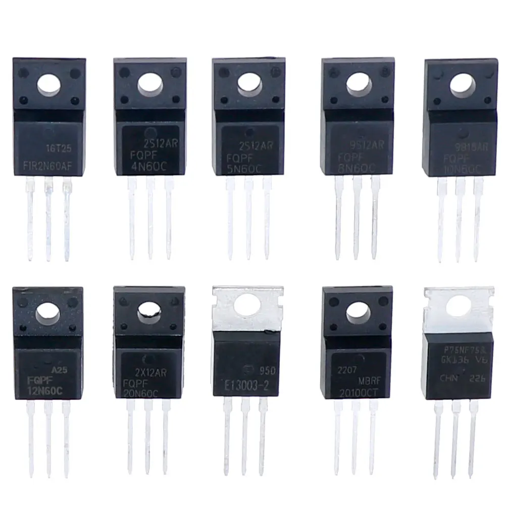 50Pcs 10Values TO-220 Mosfet Field-Effect Transistor Kit Box 2N60 4N60 5N60 8N60 10N60 12N60 20N60 13003 MBR20100 75NF75