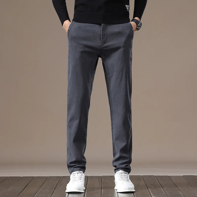 

Мужские брюки, длинные брюки, прямые брюки с высокой эластичной резинкой на талии, облегающие карманы, повседневные, обычные, однотонные, осень-зима, новинка 2023 г.