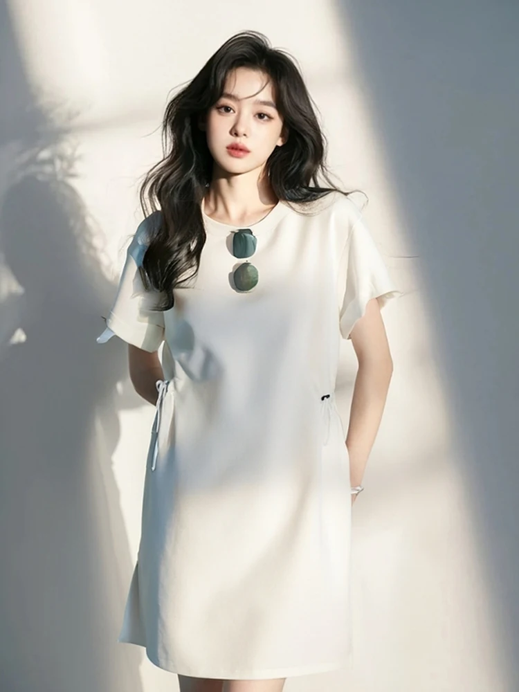 

Ele Pure Color Pleated Waist Slimming ort Sve Overhead Midi Dr T-irt Dr Commute Sle Korean Version Straigh...