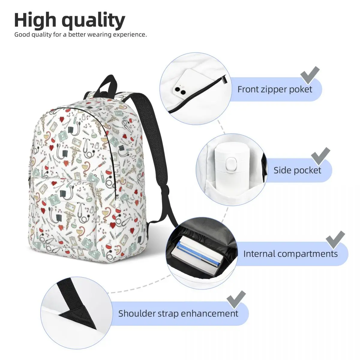 Enfermeira Escola Bookbag para Meninos e Meninas, Jardim de Infância Saco Primário, Mochila Infantil, Fundo de Ferramenta Médica, Presente do Estudante