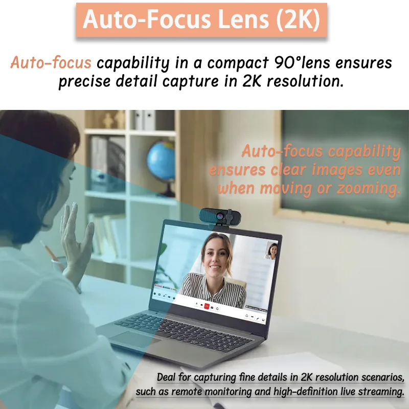 EXHQDR WEBCAM 4K/2K/1080P U ضبط تلقائي للصورة، مناسبة لإنترنت مؤتمرات الفيديو. التوصيل والتشغيل، ميكروفو مدمج لتقليل الضوضاء
