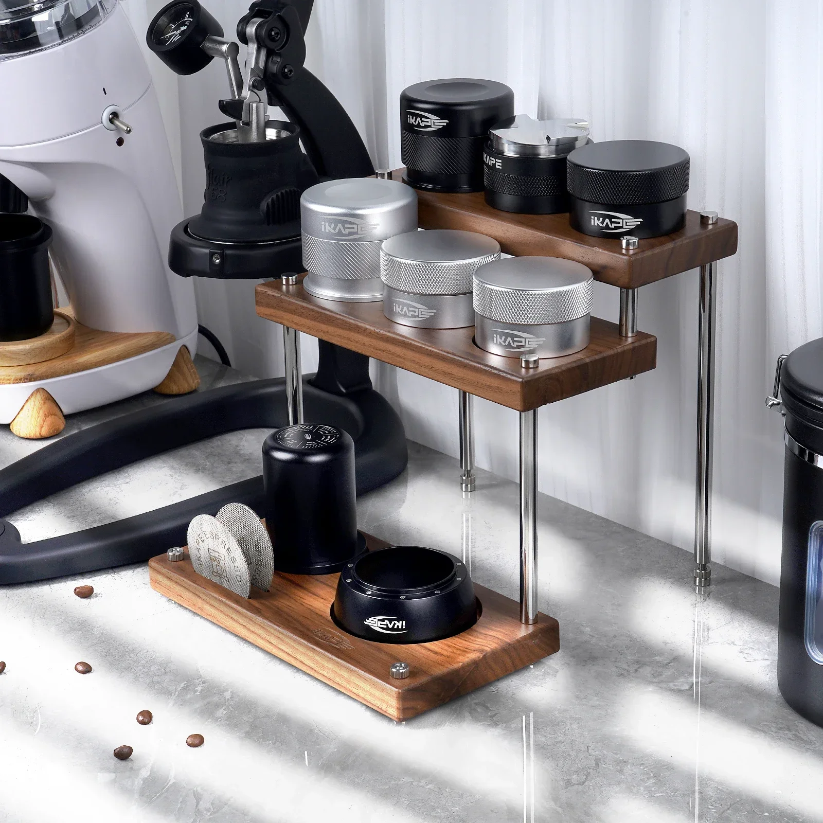 

IKAPE 3 Tier Coffee Station Storage Organizer Wood Holder Tabletop Storage For Tamper/Distributor/Puck Screen/Coffee Cup/Tea Cup