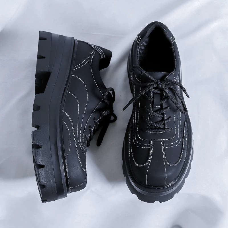 

Thick Soled Derby Shoes Men High-end Feel Niche Design Round Toe Matte Black Youthful Height Increasing Fashionable Shoes