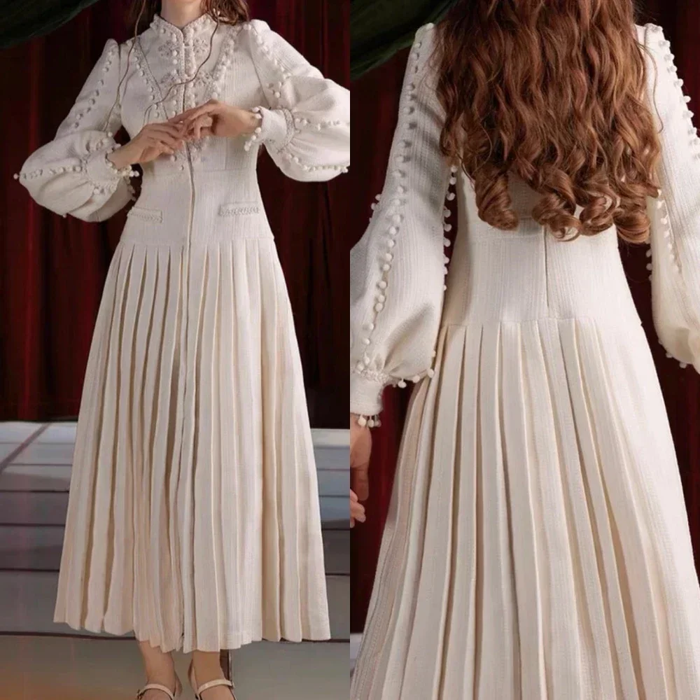 Customized Elegant High Neck Long Sleeves Evening Dresses A-line Button Party Dresses Ankle-Length Dresses Gala for Special Ocn