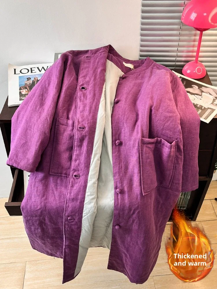 

Новое китайское льняное хлопковое пальто на пуговицах, женское зимнее теплое хлопковое пальто, длинное пальто средней длины с воротником-стойкой све