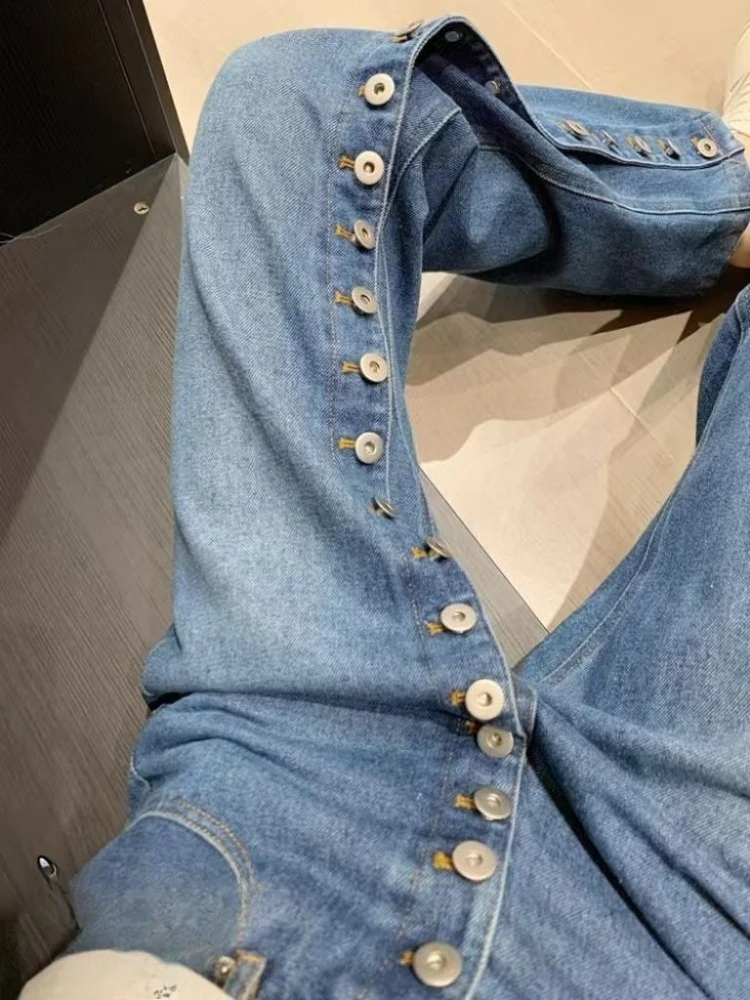 

Vintage Chic Trendy Single-button Wide-leg Jeans Women Straight-leg Pants Y2K Streetwear Blue Denim Pants Women Clothing New