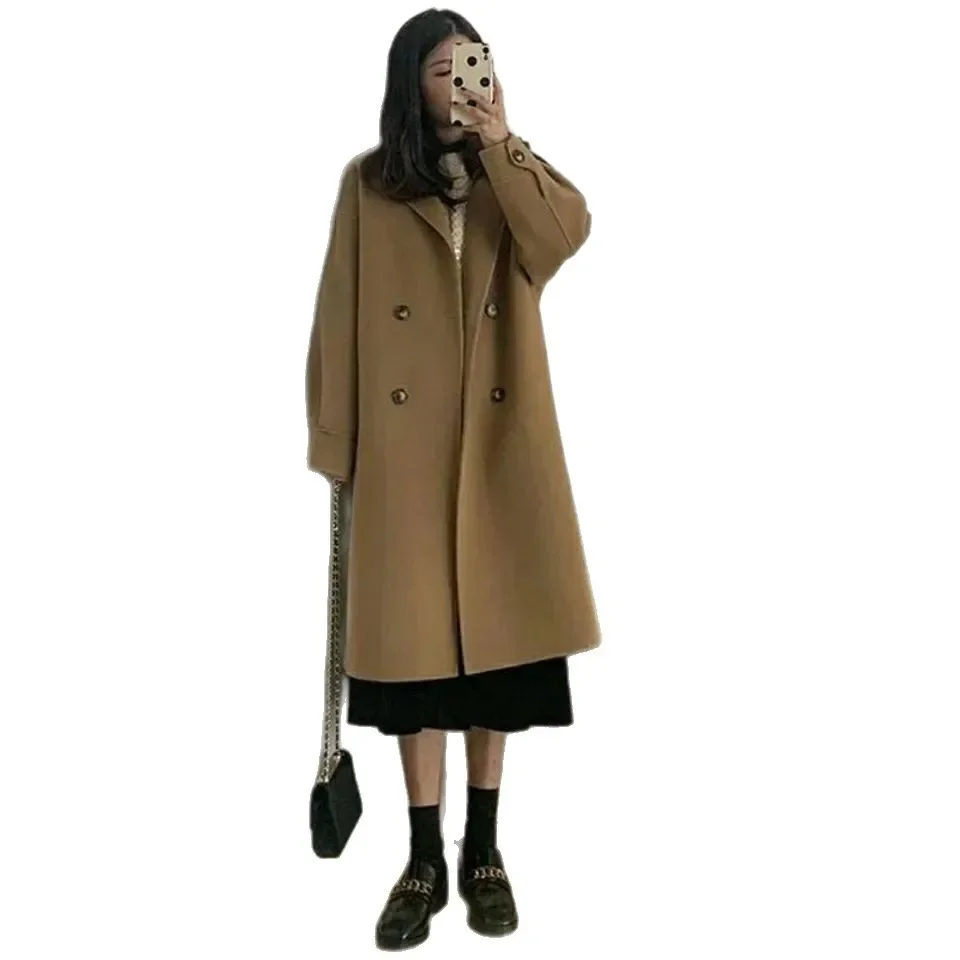 Podzimní zimní zahuštěný vlněný kabát, ležérní, středně dlouhý dámský svrchní oděv, styl Hebe, teplá volná polyesterová bunda - náhled 5