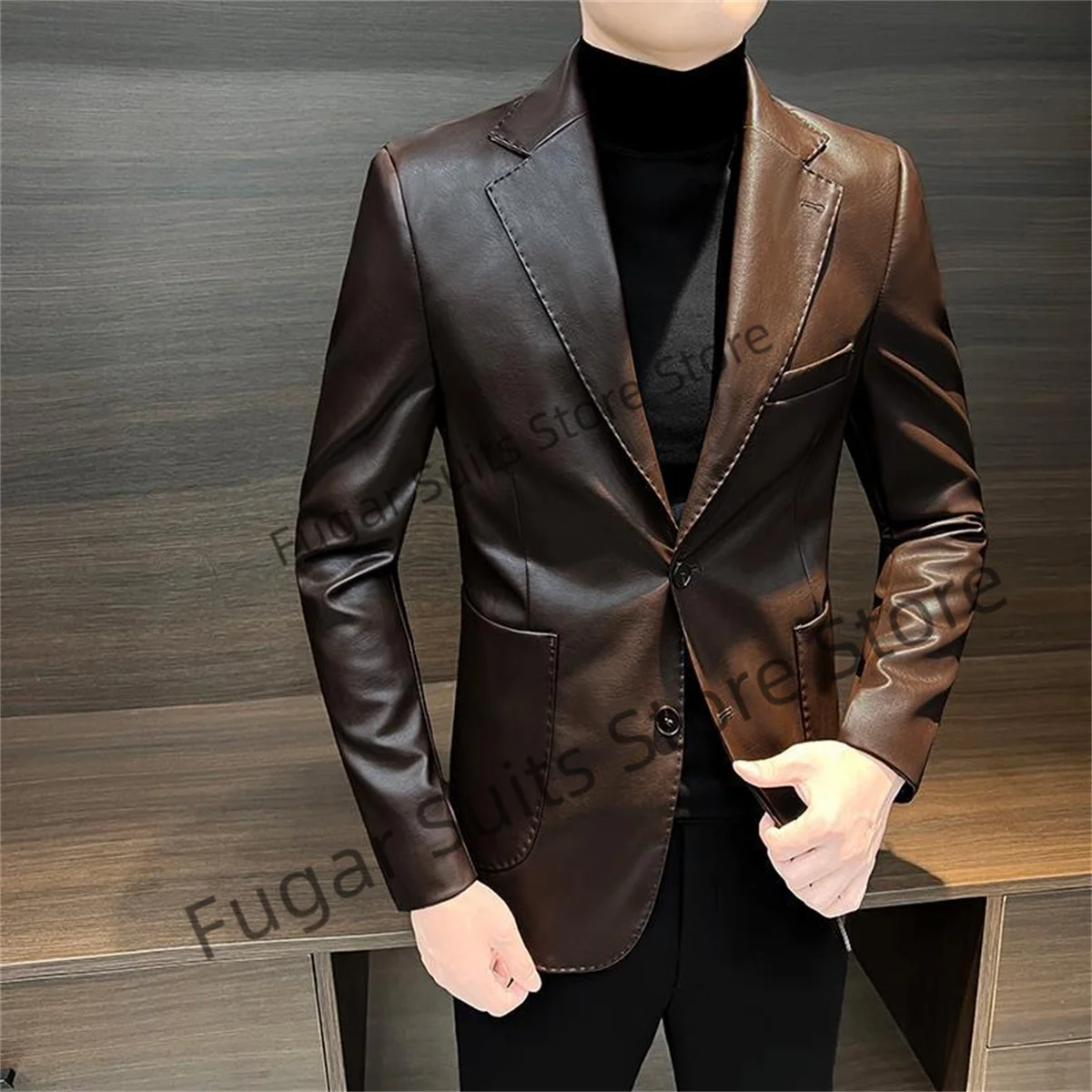 Black Leather Fashion Suits For Men Slim Fit Notched Lapel Groom Tuxedos Formal 2 Pieces Sets Business Male Blazer Costume Homme