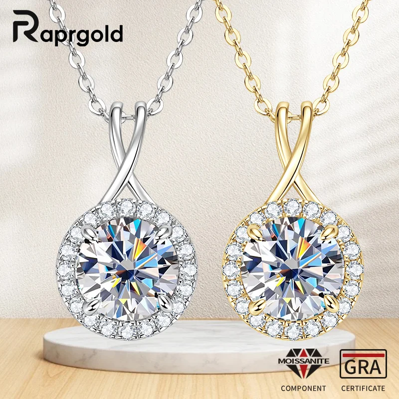 

RAPRGOLD 2,0 карата круглой огранки муассанит крест ореол кулон ожерелья для женщин S925 стерлингового серебра цепи ювелирные изделия подарки воротник