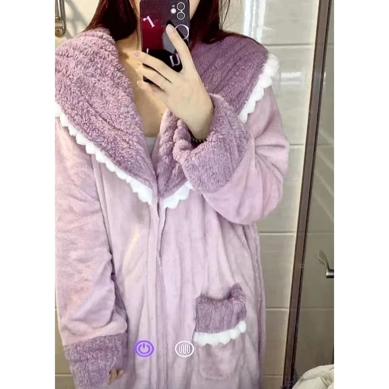 Pajamas Female Internet Celebrity Style Thickened and Velvet Can Be Worn Outside Medium and Long Nightgown Fall Winter 2026 New