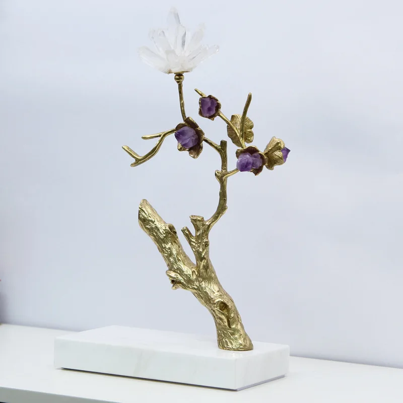 Metal Handicraft Golden Tree Crystal Flower Bough Decorative Figurines Artificial Plant Sculpture Home Decor