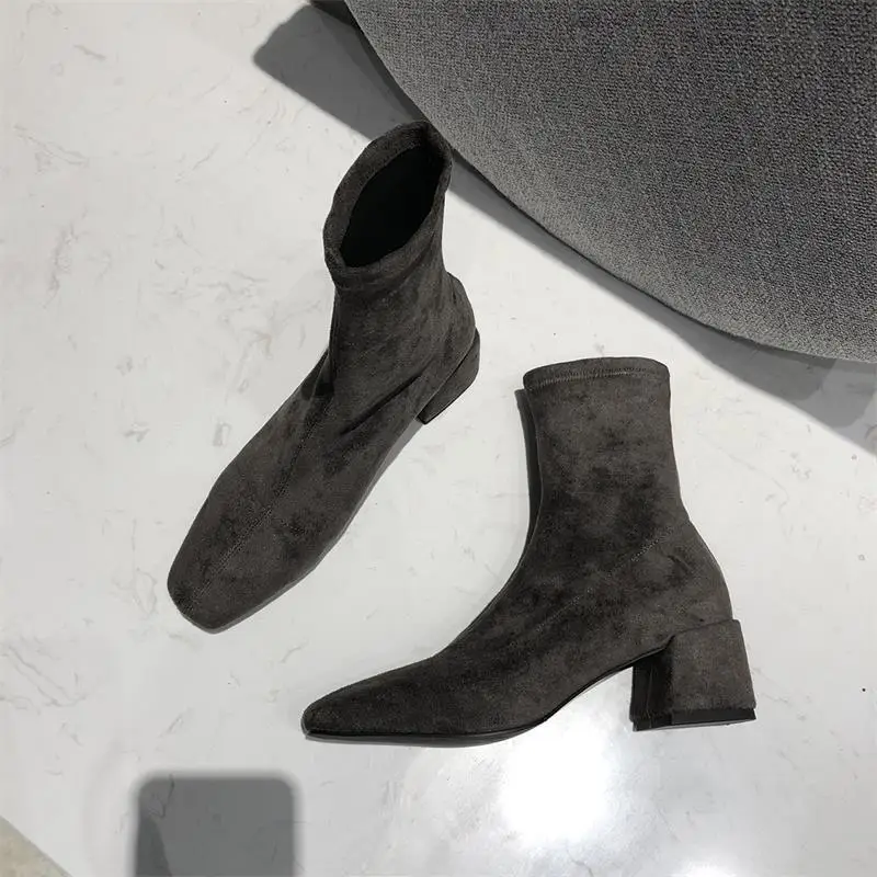 Brown Velvet Lining Women's Boots 2020 Autumn Single Medium Heel Thick Heel Square Head Elastic Martin Boots Women's Short Boots