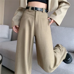 New Linen High Waist Suit Wide Leg Women's Full Pants with Belted 2024 Spring Summer Female Elegant Minimalism Loose Trousers