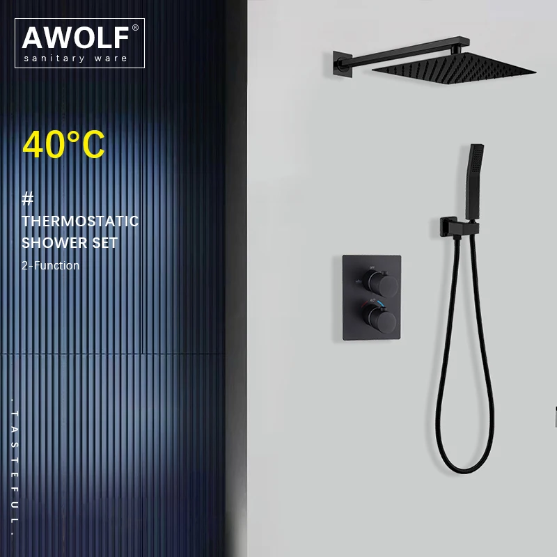 Imagem -02 - Awolf Preto Termostática Chuveiro Latão Cromado Quadrado Conjunto de Chuveiro do Banheiro Fixado na Parede Banho Torneira Misturadora Sistema Ah3062-b